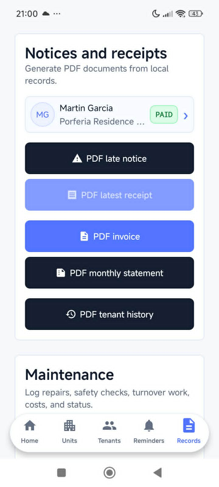 LandlordViva records screen with buttons to export PDF notices, receipts, invoices, and statements