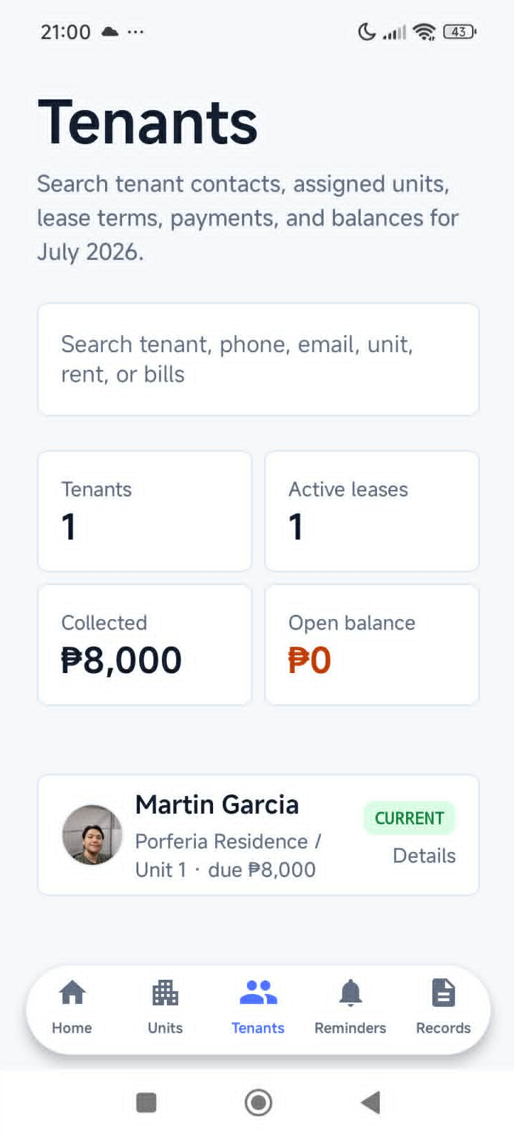 LandlordViva tenants screen showing a tenant's unit, balance, and lease status