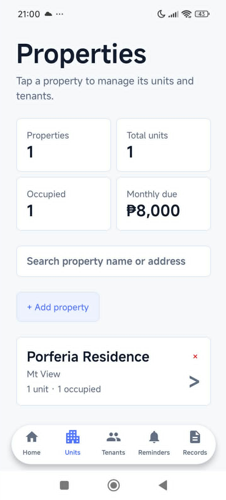 LandlordViva properties screen showing one property with one occupied unit