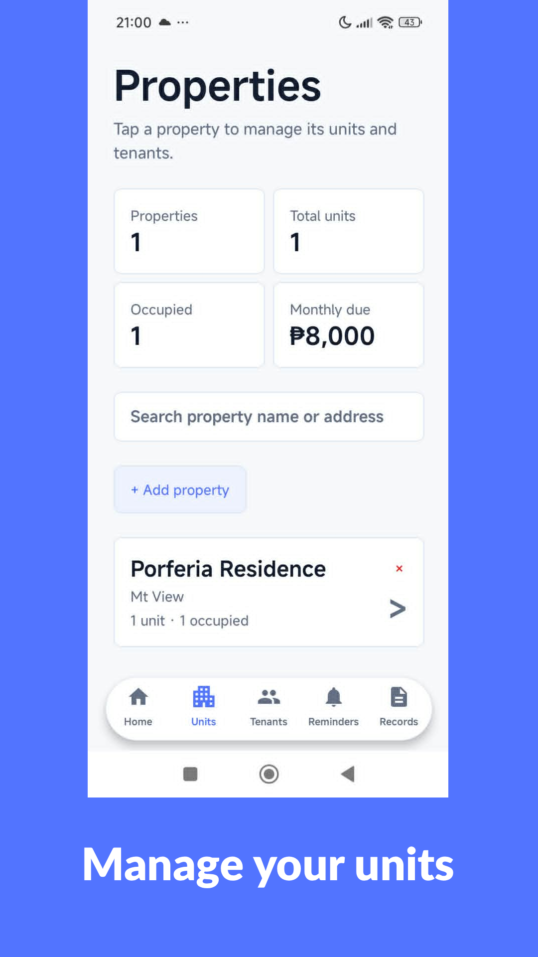 LandlordViva properties screen showing one property with one occupied unit