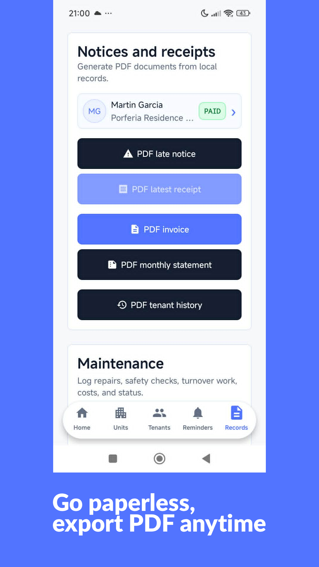 LandlordViva records screen with buttons to export PDF notices, receipts, invoices, and statements