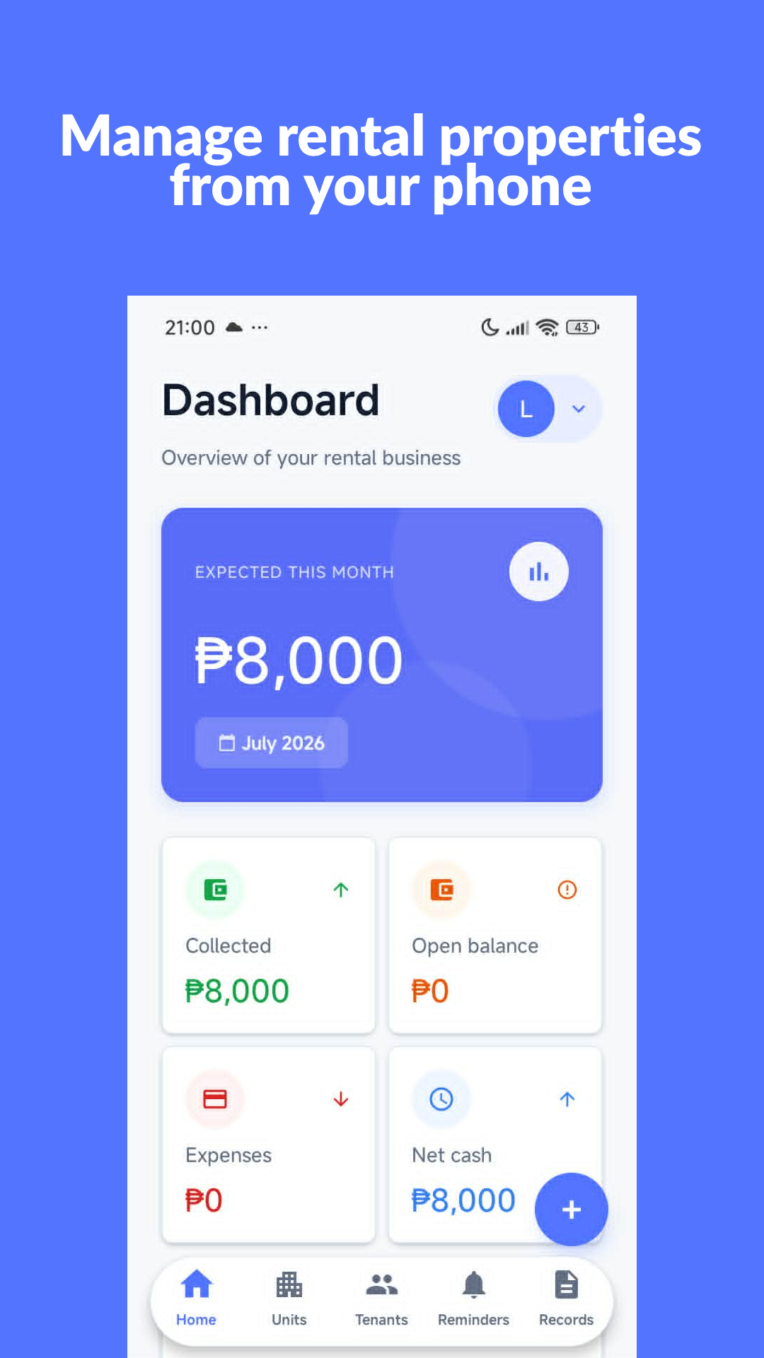 LandlordViva dashboard showing collected rent, open balance, expenses, and net cash